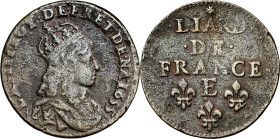 Francia. 1655. Luis XIV. E (Tours). 1 liard. (Kr. 192.6). CU. 3,53 g. MBC-.