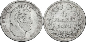 Francia. 1834. Luis Felipe I. A (París). 5 francos. (Kr. 749.1). AG. 24,48 g. BC/BC+.