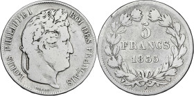 Francia. 1835. Luis Felipe I. W (Lille). 5 francos. (Kr. 749.13). AG. 24,14 g. BC.