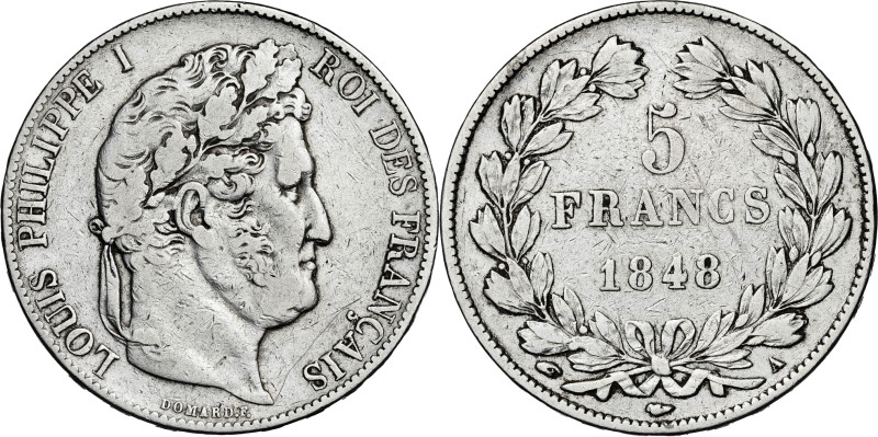 Francia. 1848. Luis Felipe I. A (París). 5 francos. (Kr. 749.1). AG. 24,66 g. BC...