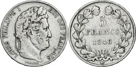 Francia. 1848. Luis Felipe I. A (París). 5 francos. (Kr. 749.1). AG. 24,66 g. BC+.