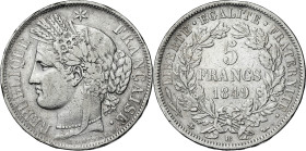 Francia. 1849. II República. BB (Estrasburgo). 5 francos. (Kr. 756.2). Golpecitos. AG. 24,87 g. MBC-.