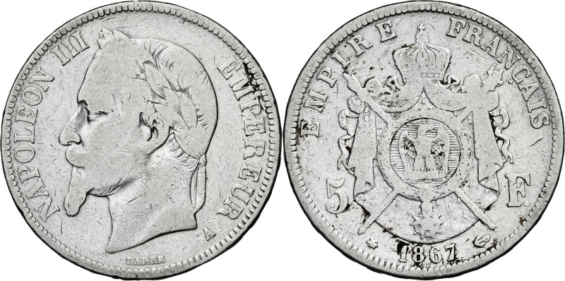 Francia. 1867. Napoleón III. A (París). 5 francos. (Kr. 799.1). AG. 24,36 g. BC....