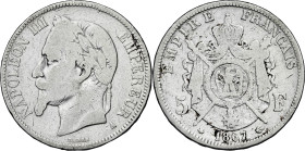 Francia. 1867. Napoleón III. A (París). 5 francos. (Kr. 799.1). AG. 24,36 g. BC.