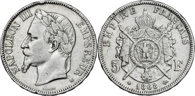 Francia. 1868. Napoleón III. BB (Estrasburgo). 5 francos. (Kr. 799.2). Golpecitos. AG. 24,76 g. MBC-.