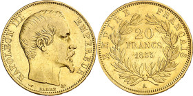 Francia. 1855. Napoleón III. A (París). 20 francos. (Fr. 573) (Kr. 781.1). AU. 6,37 g. MBC-/MBC.