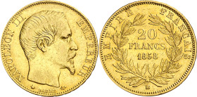 Francia. 1858. Napoleón III. BB (Estrasburgo). 20 francos. (Fr. 574) (Kr. 781.2). AU. 6,38 g. MBC-.