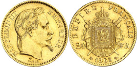 Francia. 1865. Napoleón III. BB (Estrasburgo). 20 francos. (Fr. 585) (Kr. 801.2). AU. 6,44 g. MBC+.