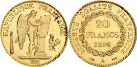 Francia. 1896. III República. A (París). 20 francos. (Fr. 592) (Kr. 825). Brillo original. AU. 6,45 g. EBC-.
