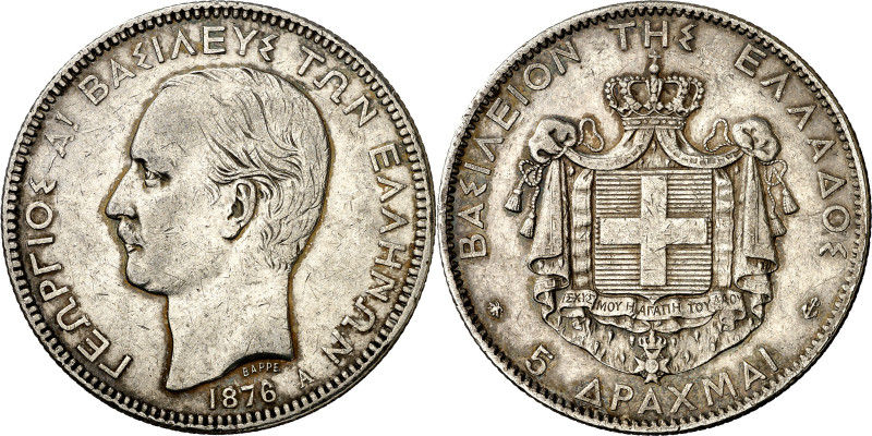 Grecia. 1876. Jorge I. A (París). 5 dracmas. (Kr. 46). AG. 25,03 g. MBC+.