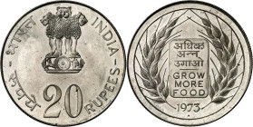 India. 1973. 20 rupias. (Kr. 240). Serie FAO. Escasa. AG. 30,07 g. S/C-.