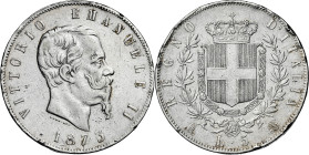 Italia. 1873. Víctor Manuel II. M (Milán). BN. 5 liras. (Kr. 8.3). Golpecitos. AG. 24,88 g. (MBC-).