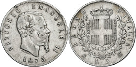 Italia. 1875. Víctor Manuel II. M (Milán). BN. 5 liras. (Kr. 8.3). Golpecitos. AG. 24,74 g. MBC-.