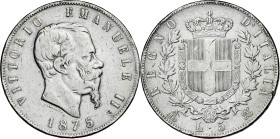 Italia. 1875. Víctor Manuel II. M (Milán). BN. 5 liras. (Kr. 8.3). Golpecitos. AG. 24,93 g. MBC-.