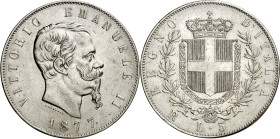 Italia. 1877. Víctor Manuel II. R (Roma). 5 liras. (Kr. 8.4). Golpecitos. AG. 24,88 g. EBC-.