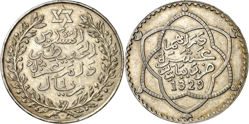 Marruecos. AH 1329 (1911). Abd al-Hafiz. 10 dirhams. (Kr. 25). Golpecito en cant...