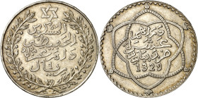 Marruecos. AH 1329 (1911). Abd al-Hafiz. 10 dirhams. (Kr. 25). Golpecito en canto. AG. 25 g. (EBC).