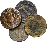 s/d y 1600. Felipe III. Granollers. 1 diner. Lote de 4 monedas, una con el anverso incuso. La de 1600 rara. BC/MBC.