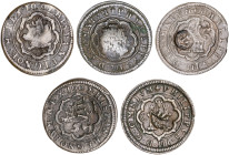 1599 a 1602. Felipe III. Segovia. 4 maravedís. Lote de 5 monedas con resello de valor VIII. A examinar. MBC/MBC+.