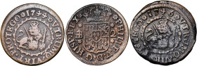1744 a 1746. Felipe V. Segovia. 2 maravedís. Lote de 3 monedas. BC/BC+.
