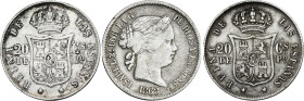 1868. Isabel II. Manila. 20 centavos. Lote de 3 monedas. A examinar. BC/BC+.