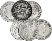 1849 a 1868. Isabel II. 4 reales (dos), 40 céntimos de escudo (dos) y 20 centavos (dos). Lote de 6 monedas. A examinar. BC-/BC.