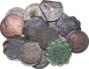 Lote de 15 monedas cobre, desde Carlos III a Isabel II, con contramarcas, publicidad, fantasías etc... A examinar. BC-/MBC-.
