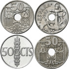 1949*1951 a 1966*1975. Franco. 50 céntimos. Lote de 4 monedas diferentes. Incluye los 50 céntimos con el haz de flechas invertido. A examinar. MBC/Pro...