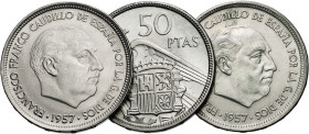 1957*58. Franco. 50 pesetas. (Cal. 17). Lote de 3 monedas. A examinar. EBC-/EBC.
