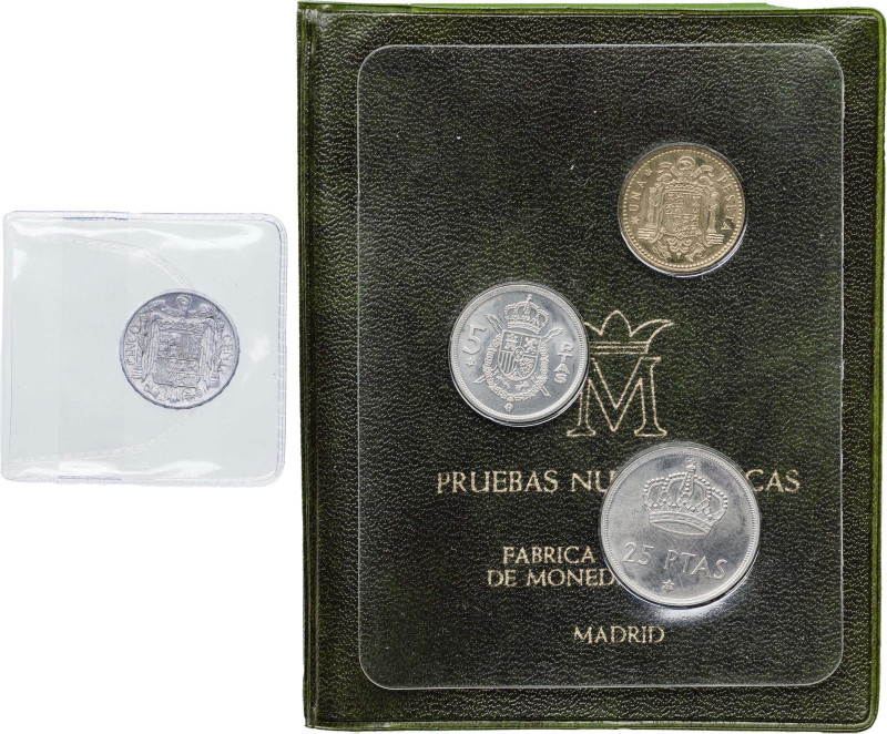 1941 y 1977. Franco y Juan Carlos I. Carterita de la FNMT y una moneda de 5 cént...