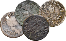 Francia. 1639 a 1645. Luis XIII. Doble tornés. Lote de 4 monedas distintas, una con agujerito. A examinar. BC-/BC+.
