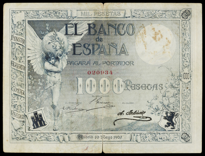 1907. 1000 pesetas. (Ed. B101) (Ed. 317). 10 de mayo. Roturas en el doblez centr...