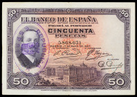 1927. 50 pesetas. (Ed. B115) (Ed. 332). 17 de mayo, Alfonso XIII. Sello tampón REPÚBLICA ESPAÑOLA, en vertical. MBC-.