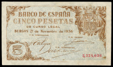 1936. Burgos. 5 pesetas. (Ed. D18) (Ed. 417). 21 de noviembre. Dobleces. Lavado y planchado. Muy raro. (MBC+).