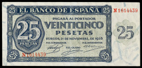 1936. Burgos. 25 pesetas. (Ed. D20a) (Ed. 419a). 21 de noviembre. Serie N. Leve doblez central. EBC.
