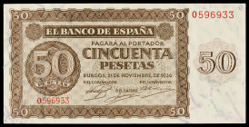 1936. 50 pesetas. (Ed. D21a) (Ed. 420a). 21 de noviembre. serie O. Dos dobleces verticales. Esquinas rozadas. MBC+.
