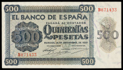 1936. Burgos. 500 pesetas. (Ed. D23a) (Ed. 422a). 21 de noviembre. Serie B. Doblez central. Apresto. MBC+.