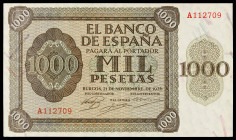 1936. Burgos. 1000 peseta. (Ed. D24) (Ed. 423). 21 de noviembre. Serie A. Raro. MBC+.