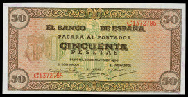 1938. 50 pesetas. (Ed. D32a) (Ed. 431a). 20 de mayo. Serie C. Raro así. S/C-.