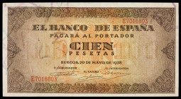 1938. 100 pesetas. (Ed. D33a) (Ed. 432a). 20 de mayo. Serie E. Levísima doblez central. Esquinas rozadas. EBC.