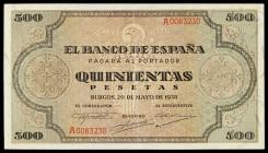 1938. Burgos. 500 pesetas. (Ed. D34) (Ed. 433). 20 de mayo. Serie A. Doblez en la esquina inferior izquierda y doblez central. Con apresto. Raro. MBC+...