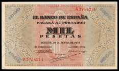 1938. Burgos. 1000 pesetas. (Ed. D35) (Ed. 434). 20 de mayo. Serie A. Doblez central. Raro y más así. EBC-.