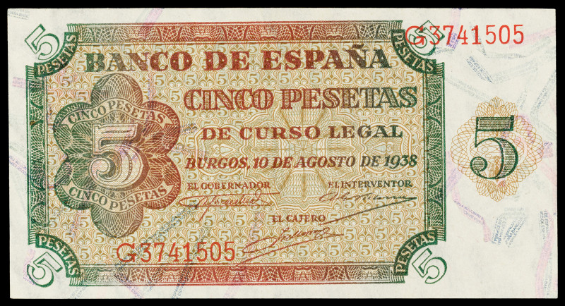 1938. 5 pesetas. (Ed. D36a) (Ed. 435a). 10 de agosto. Serie G. Esquinas rozadas....