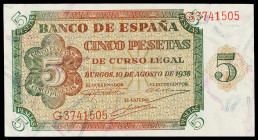 1938. 5 pesetas. (Ed. D36a) (Ed. 435a). 10 de agosto. Serie G. Esquinas rozadas. S/C-.