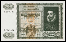 1940. 500 pesetas. (Ed. D40) (Ed. 439). 9 de enero, Juan de Austria. Serie A. Doblez central. Raro. EBC.