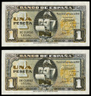 1940. 1 peseta. (Ed. D43a) (Ed. 442a). 4 de septiembre, "Santa María". Pareja correlativa, serie B. Doblez en la esquina inferior izquierda. Marcas en...