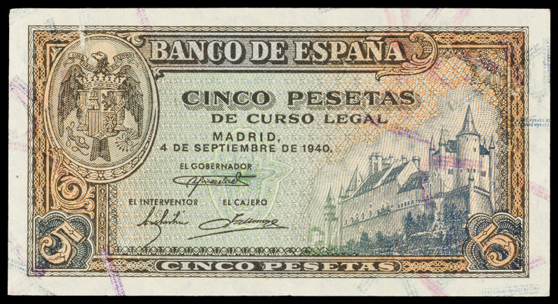 1940. 5 pesetas. (Ed. D44a) (Ed. 443a). 4 de septiembre, Alcázar de Segovia. Ser...