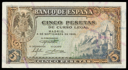 1940. 5 pesetas. (Ed. D44a) (Ed. 443a). 4 de septiembre, Alcázar de Segovia. Serie K. Esquinas rozadas. S/C-.