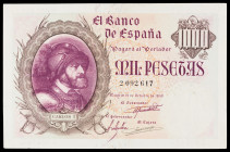 1940. 1000 pesetas. (Ed. D46) (Ed. 445). 21 de octubre, Carlos I. Roturas. Lavado y planchado. Raro. MBC-.