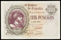 1940. 1000 pesetas. (Ed. D46) (Ed. 445). 21 de octubre, Carlos I. Dobleces. Raro. MBC.